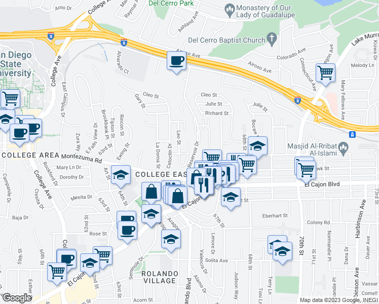 map of restaurants, bars, coffee shops, grocery stores, and more near 5109 Alumni Place in San Diego