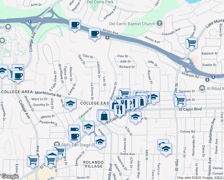 map of restaurants, bars, coffee shops, grocery stores, and more near 5109 Alumni Place in San Diego
