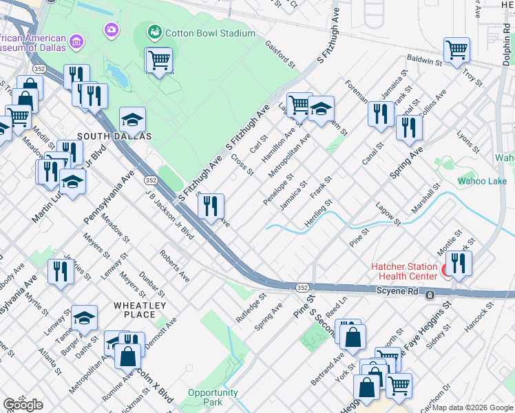 map of restaurants, bars, coffee shops, grocery stores, and more near 3615 Penelope Street in Dallas