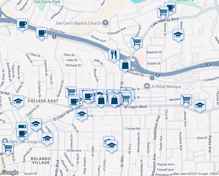 map of restaurants, bars, coffee shops, grocery stores, and more near 6926 Saranac Street in San Diego