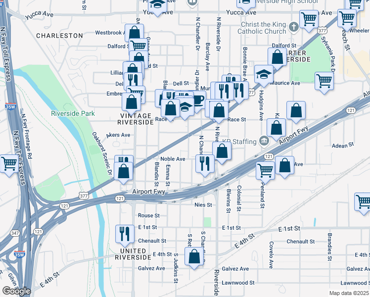 map of restaurants, bars, coffee shops, grocery stores, and more near 2905 Noble Avenue in Fort Worth