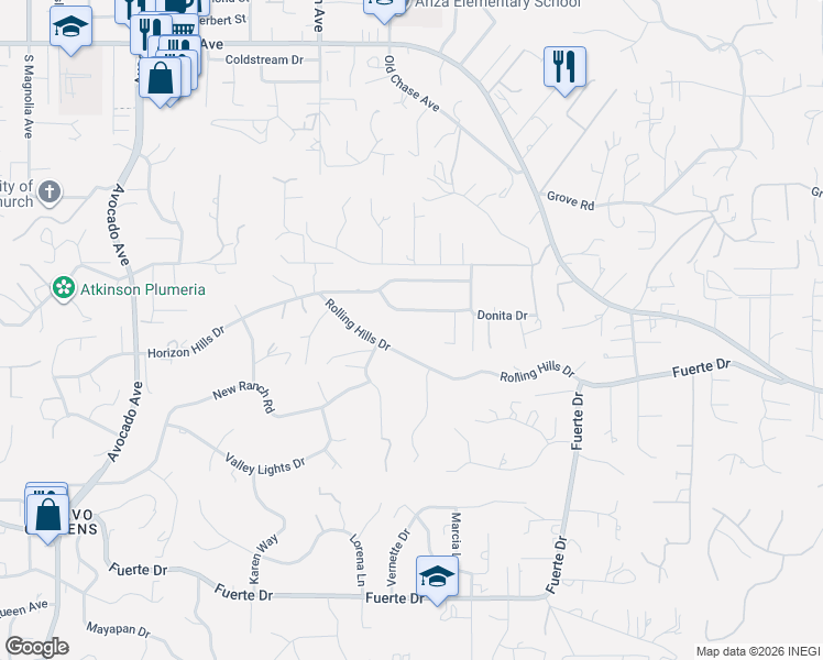 map of restaurants, bars, coffee shops, grocery stores, and more near 11250 Rolling Hills Drive in El Cajon