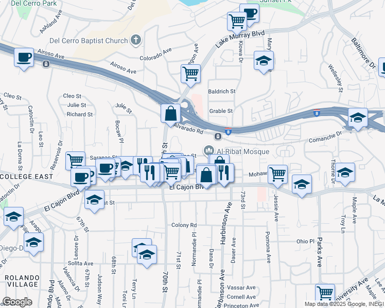 map of restaurants, bars, coffee shops, grocery stores, and more near 7085 Saranac Street in San Diego