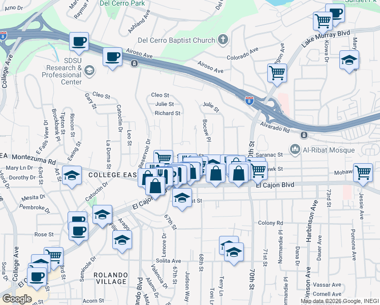 map of restaurants, bars, coffee shops, grocery stores, and more near 6755 Saranac Street in San Diego