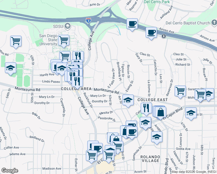 map of restaurants, bars, coffee shops, grocery stores, and more near in San Diego