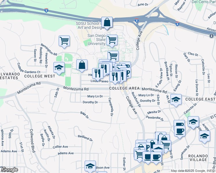 map of restaurants, bars, coffee shops, grocery stores, and more near 5096 Campanile Drive in San Diego