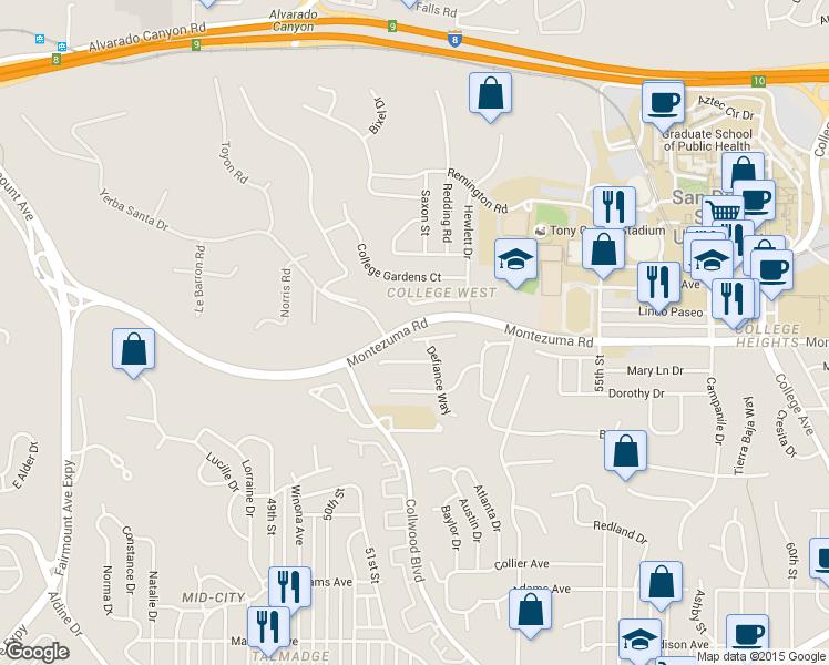map of restaurants, bars, coffee shops, grocery stores, and more near 5201 Joan Court in San Diego