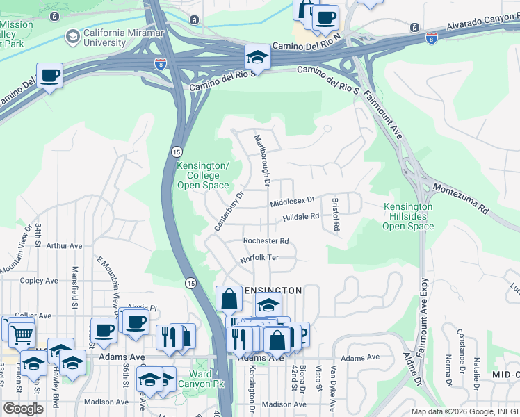 map of restaurants, bars, coffee shops, grocery stores, and more near in San Diego