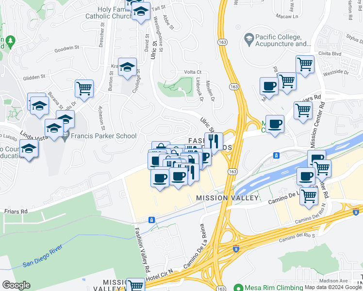 map of restaurants, bars, coffee shops, grocery stores, and more near 7084 Friars Road in San Diego