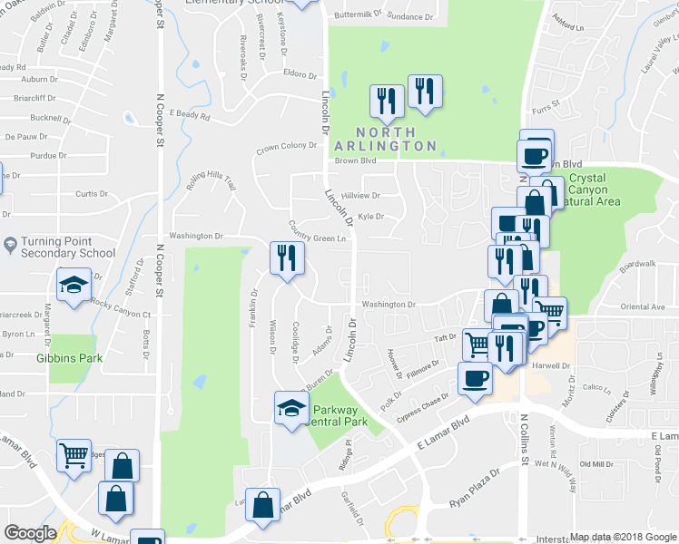 map of restaurants, bars, coffee shops, grocery stores, and more near 2224 Presidents Corner Drive in Arlington