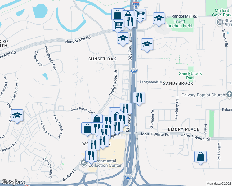 map of restaurants, bars, coffee shops, grocery stores, and more near 540 Signal Hill Court South in Fort Worth