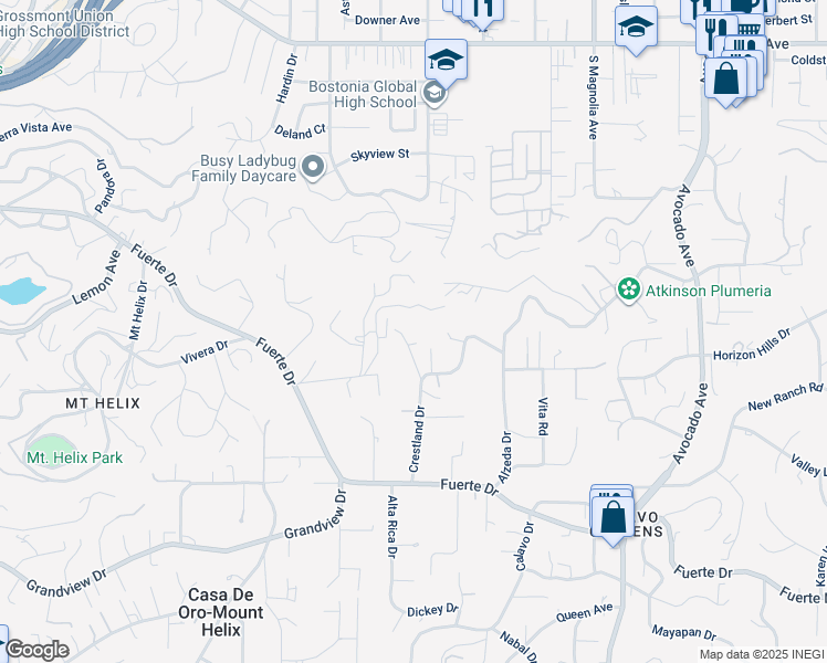 map of restaurants, bars, coffee shops, grocery stores, and more near 5037 Crestland Drive in La Mesa