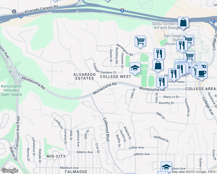 map of restaurants, bars, coffee shops, grocery stores, and more near 5201 Joan Court in San Diego