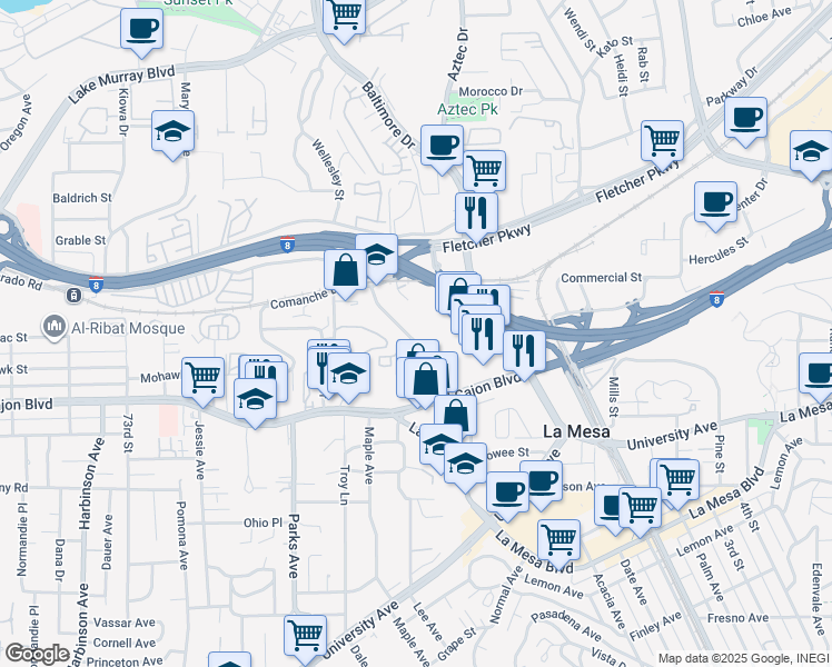 map of restaurants, bars, coffee shops, grocery stores, and more near 5092 Guava Avenue in La Mesa