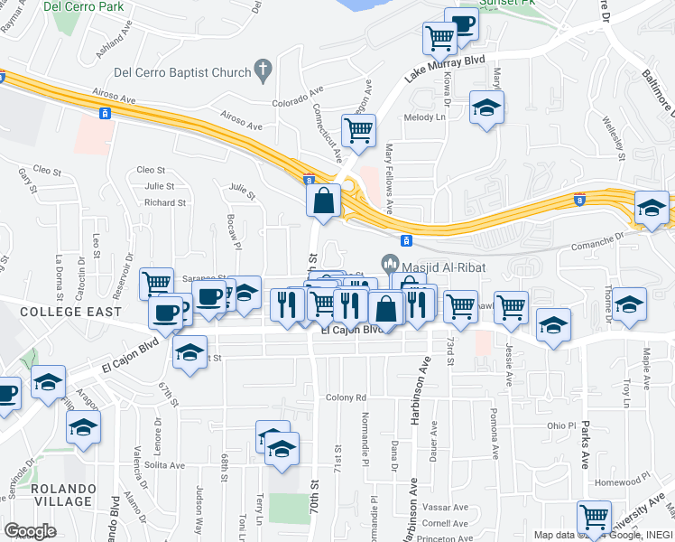 map of restaurants, bars, coffee shops, grocery stores, and more near 7000 Saranac Street in La Mesa