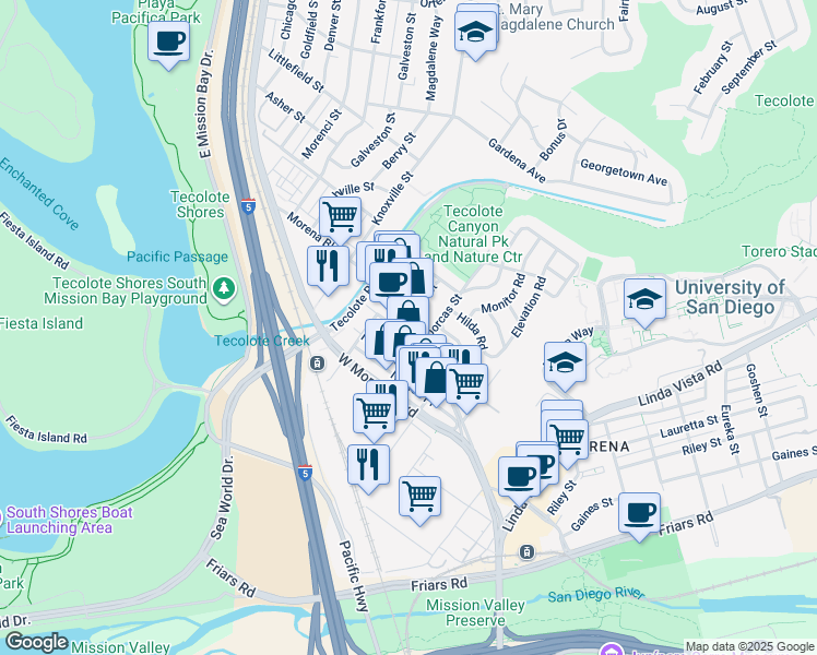 map of restaurants, bars, coffee shops, grocery stores, and more near 1248 Dorcas Street in San Diego