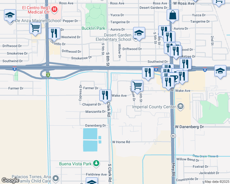 map of restaurants, bars, coffee shops, grocery stores, and more near 702 Wake Avenue in El Centro