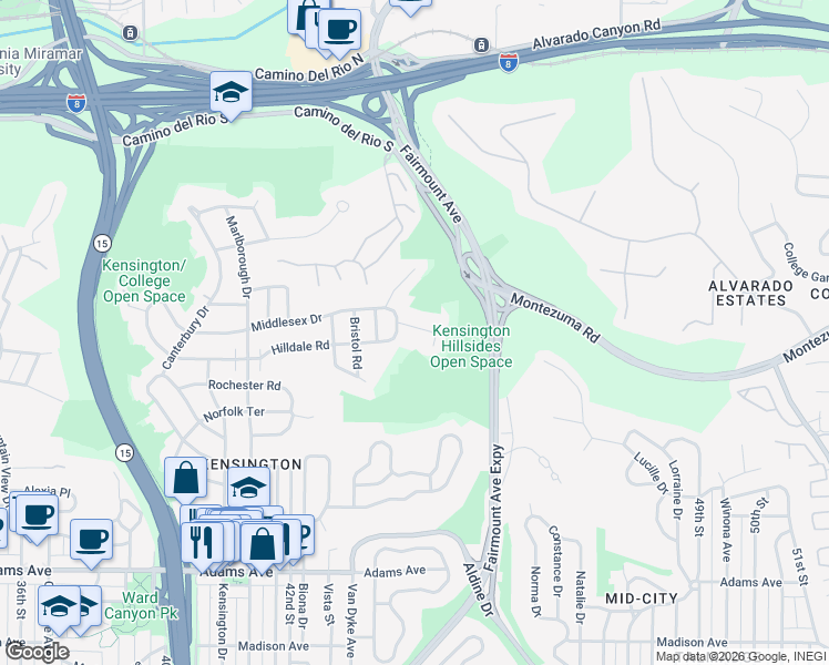 map of restaurants, bars, coffee shops, grocery stores, and more near 4349 Hilldale Road in San Diego