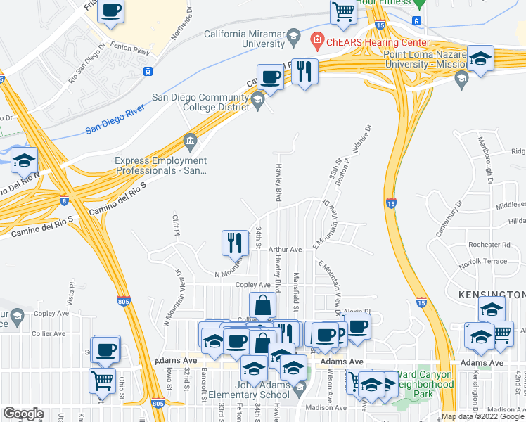 map of restaurants, bars, coffee shops, grocery stores, and more near 3414 North Mountain View Drive in San Diego