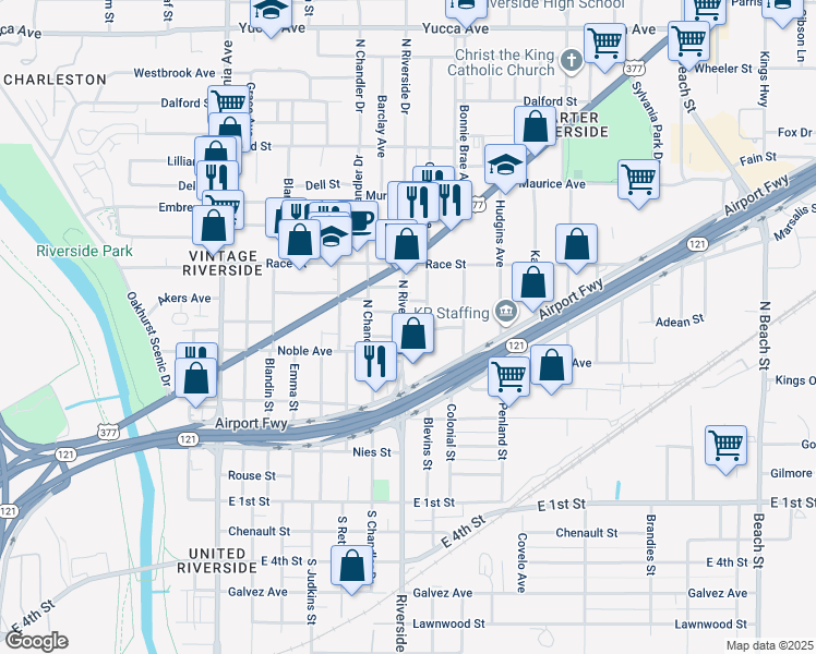 map of restaurants, bars, coffee shops, grocery stores, and more near 419 North Riverside Drive in Fort Worth