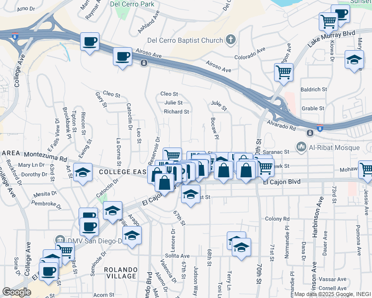 map of restaurants, bars, coffee shops, grocery stores, and more near 6755 Saranac Street in San Diego