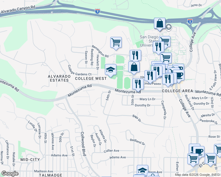 map of restaurants, bars, coffee shops, grocery stores, and more near 54th Street & Montezuma Road in San Diego