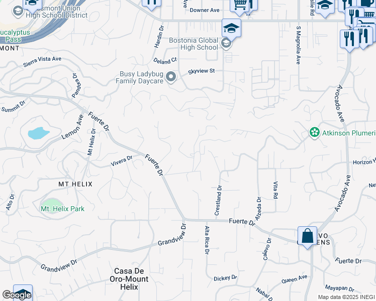 map of restaurants, bars, coffee shops, grocery stores, and more near 10450 Russell Road in La Mesa