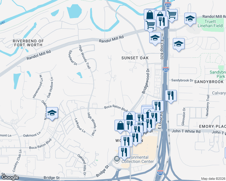 map of restaurants, bars, coffee shops, grocery stores, and more near 701 Timberview Court North in Fort Worth