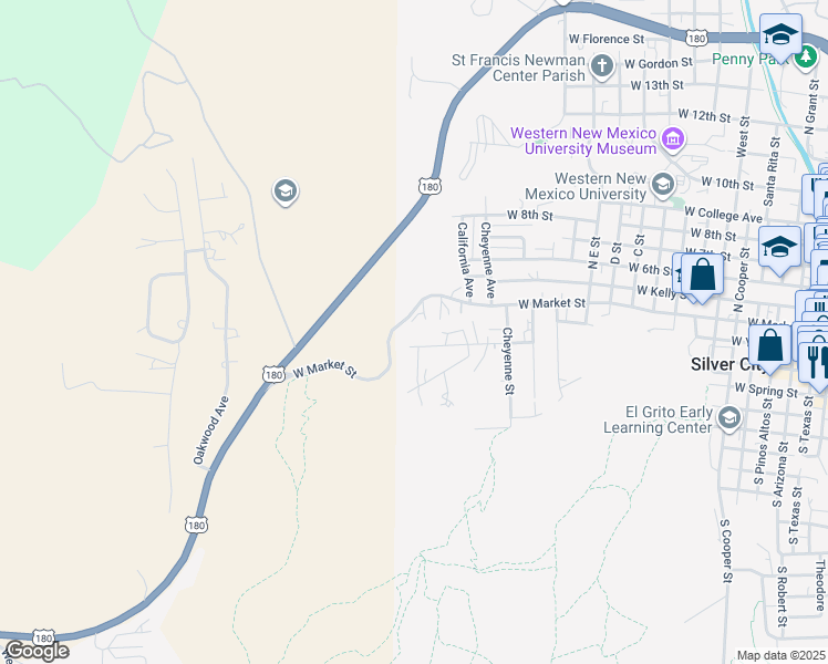 map of restaurants, bars, coffee shops, grocery stores, and more near 101 California Avenue in Silver City