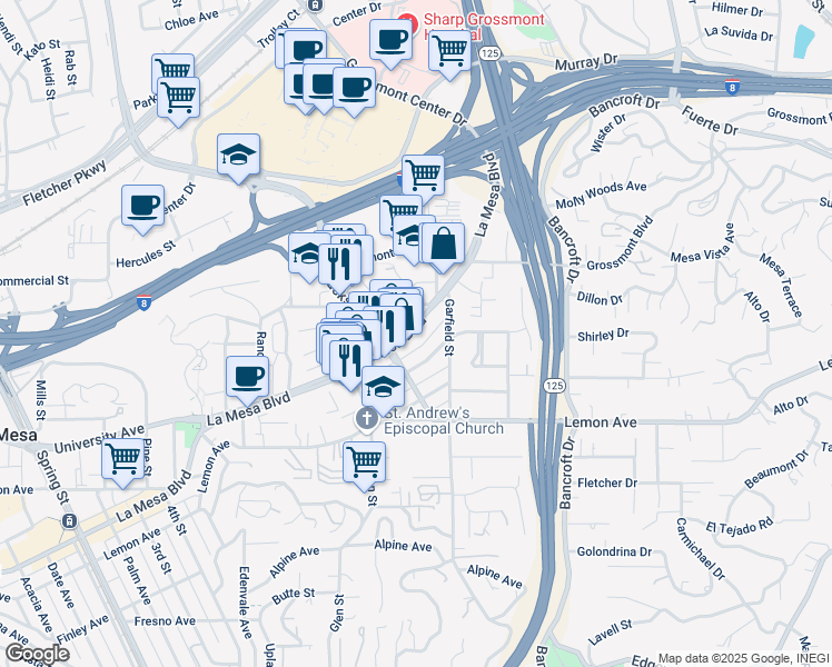 map of restaurants, bars, coffee shops, grocery stores, and more near 8809 La Mesa Boulevard in La Mesa
