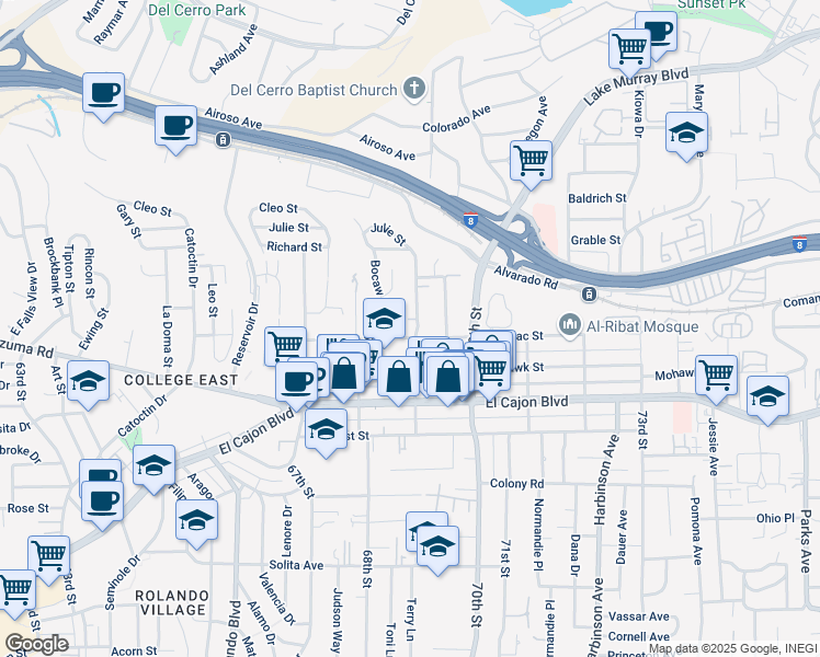 map of restaurants, bars, coffee shops, grocery stores, and more near 6880 Mohawk Street in San Diego