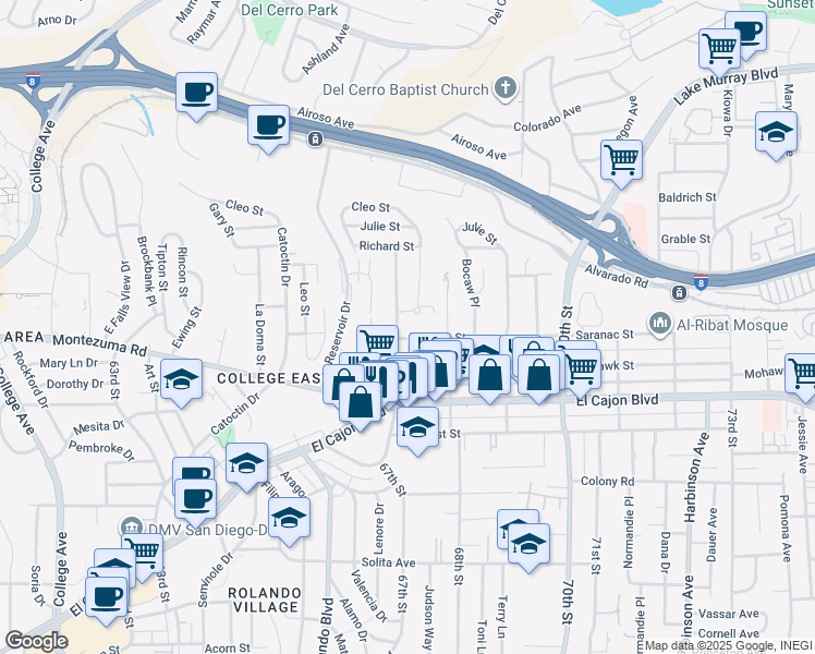 map of restaurants, bars, coffee shops, grocery stores, and more near 6755 Saranac Street in San Diego