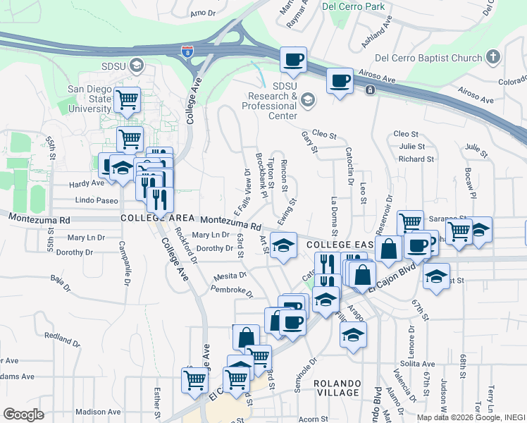 map of restaurants, bars, coffee shops, grocery stores, and more near 6330 Montezuma Road in San Diego