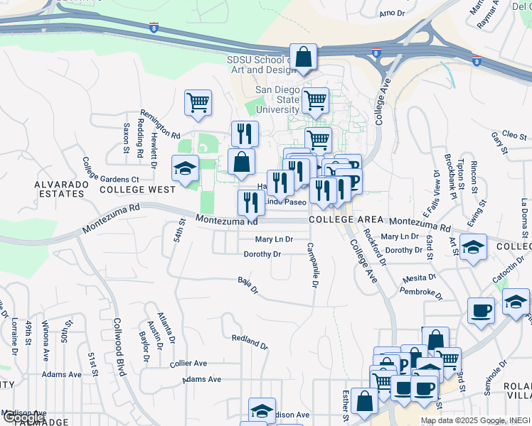 map of restaurants, bars, coffee shops, grocery stores, and more near 5505 Montezuma Road in San Diego