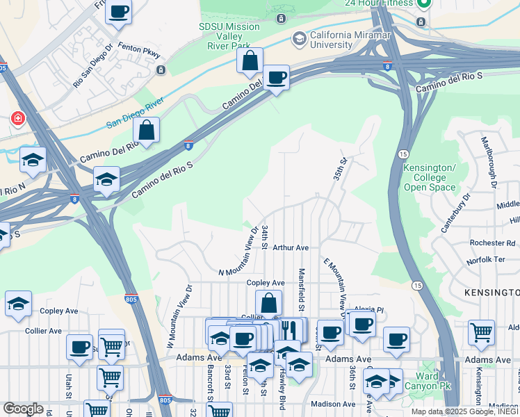 map of restaurants, bars, coffee shops, grocery stores, and more near 3372 North Mountain View Drive in San Diego