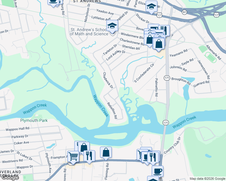 map of restaurants, bars, coffee shops, grocery stores, and more near 6 Dade Drive in Charleston