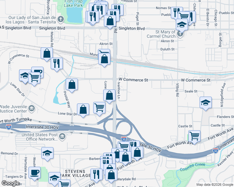 map of restaurants, bars, coffee shops, grocery stores, and more near 1903 Ivanhoe Lane in Dallas