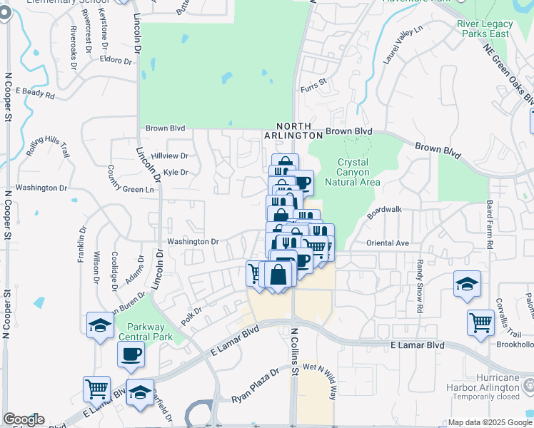 map of restaurants, bars, coffee shops, grocery stores, and more near 807 Washington Drive in Arlington