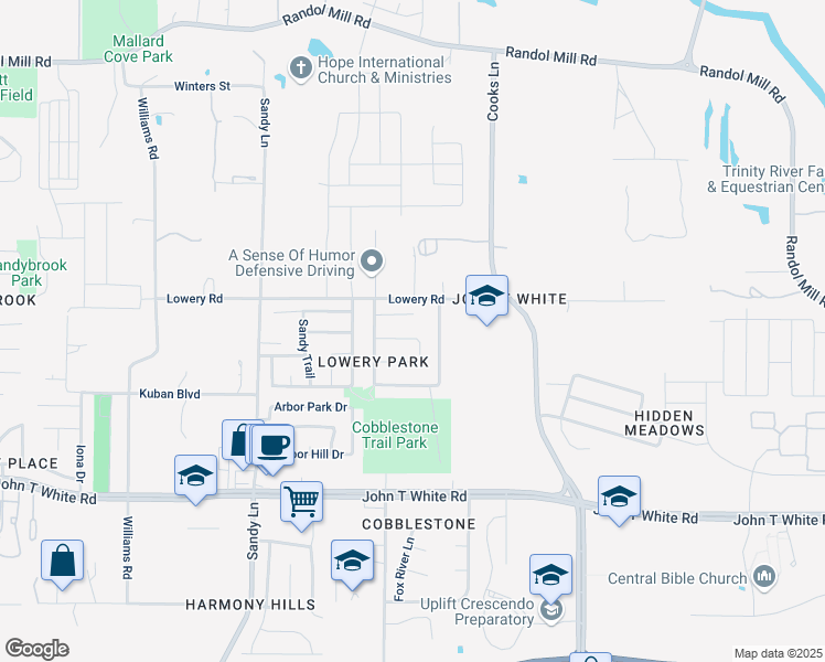 map of restaurants, bars, coffee shops, grocery stores, and more near 7536 Bancroft Circle in Fort Worth