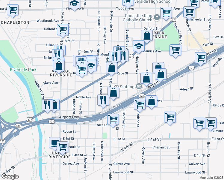 map of restaurants, bars, coffee shops, grocery stores, and more near 419 North Riverside Drive in Fort Worth