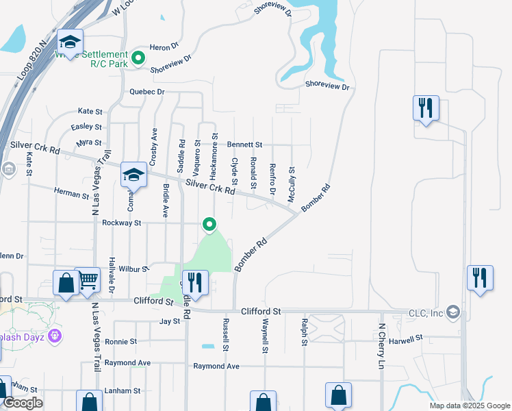 map of restaurants, bars, coffee shops, grocery stores, and more near 8117 Foxfire Lane in White Settlement