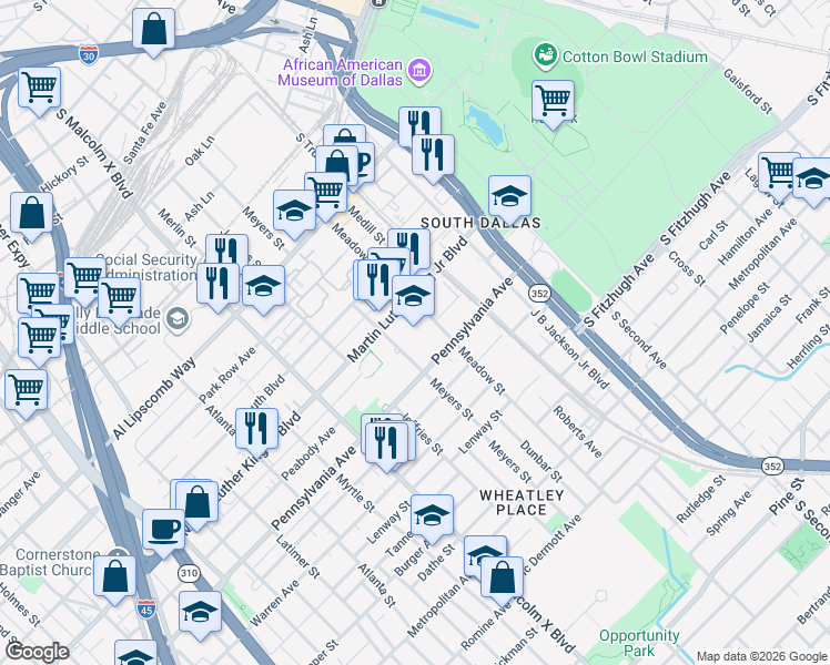 map of restaurants, bars, coffee shops, grocery stores, and more near 3000 Martin Luther King Junior Boulevard in Dallas