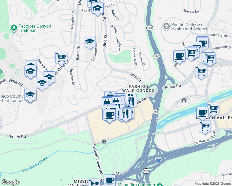 map of restaurants, bars, coffee shops, grocery stores, and more near 7023 Camino Degrazia in San Diego