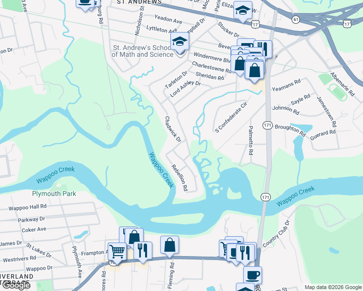 map of restaurants, bars, coffee shops, grocery stores, and more near 6 Dade Drive in Charleston