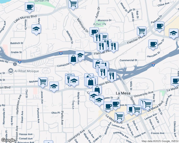 map of restaurants, bars, coffee shops, grocery stores, and more near 5091 Guava Avenue in La Mesa
