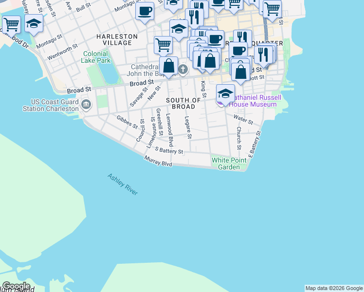 map of restaurants, bars, coffee shops, grocery stores, and more near 64 S Battery in Charleston