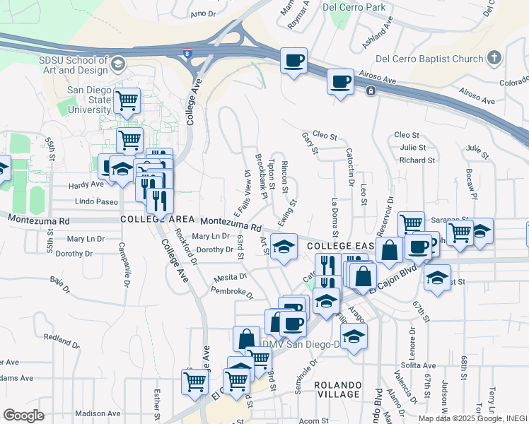 map of restaurants, bars, coffee shops, grocery stores, and more near 6330 Montezuma Road in San Diego