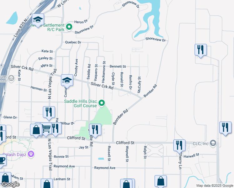 map of restaurants, bars, coffee shops, grocery stores, and more near 8129 Foxfire Lane in White Settlement