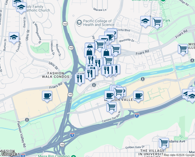 map of restaurants, bars, coffee shops, grocery stores, and more near 7610 Hazard Center Drive in San Diego