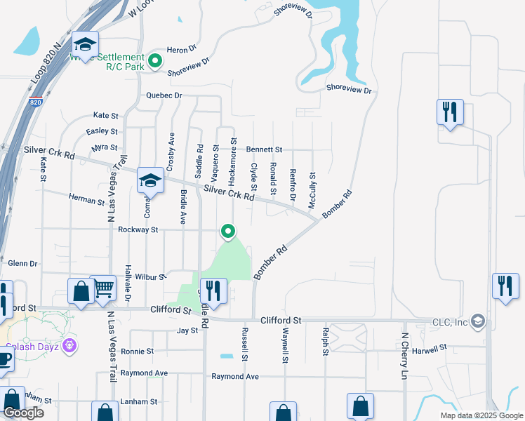map of restaurants, bars, coffee shops, grocery stores, and more near 8129 Foxfire Lane in Fort Worth